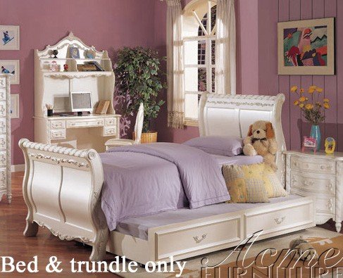 Twin Size Sleigh Bed with Trundle White Finish