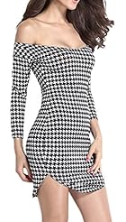Slit 3/4 Sleeves Off the Shoulder Houndstooth Print Bodycon Dress/Mini Dress 