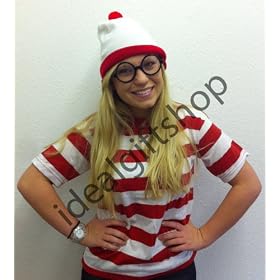 FUNNY FANCY DRESS MENS LADIES RED AND WHITE STRIPED T-SHIRT, HAT AND GLASSES AVAILABLE IN XS, SMALL, MEDIUM, LARGE, XL OR XXL