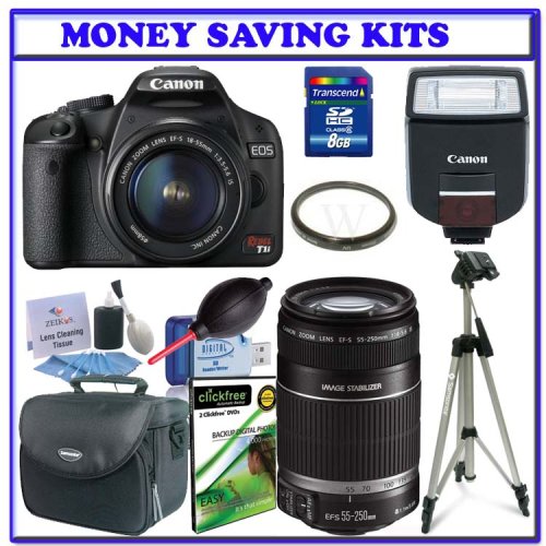 Canon EOS Rebel T1i 15.1 MP CMOS Digital SLR Camera with 3-Inch LCD and EF-S 18-55mm f/3.5-5.6 IS Lens & 55-250mm IS Lens + Canon Speedlite 270EX Flash + Willoughbys 8GB SDHC Deluxe Accessory Kit