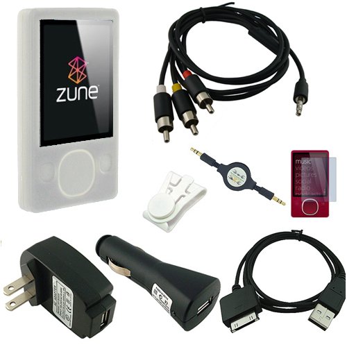 Microsoft Zune 80GB / 120GB Silicone Skin (CLEAR) w/ AV Audio Visual / Video Cable, USB 2in1 Sync and Charging Cable along with universal USB Car and Wall / Travel Chargers, Screen Guard / Protector and a Auxiliary 3.5mm to 3.5mm MP3 Jack Cable Microsoft Zune 80GB / 120GB Silicone Skin (CLEAR) w/ AV Audio Visual / Video Cable, USB 2in1 Sync and Charging Cable along with universal USB Car and Wall / Travel Chargers, Screen Guard / Protector and a Auxiliary 3.5mm to 3.5mm MP3 Jack Cable