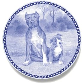 American Pit Bull Terrier and Puppy: Hand-made Danish Blue Plate by Lekven Designs