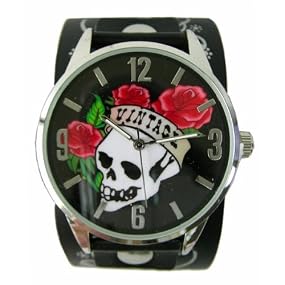 Vintage Ink #VI-W22A Men's Tattoo Inspired Wide Leather Strap Watch