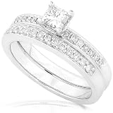 5/8ctw Princess & Round Diamond Wedding Rings Set in 14kt White Gold