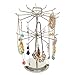MyGift 2 Tier Silver Metal Rotating Necklace and Bracelet Organizer Jewelry Stand with 24 Hooks, Multipurpose Accessory and Keychain Spinning Display Rack with Top Handle Card Holder