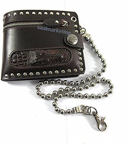 ETSYG Crocodile Head Mens Wallet Stud EMO Chain Bifold Faux Leather Brown Purse