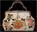 A Vintage Style White Cloth Base, Sequin and Beaded Evening Handbag W/butterfly & Flower Pattern, Chain