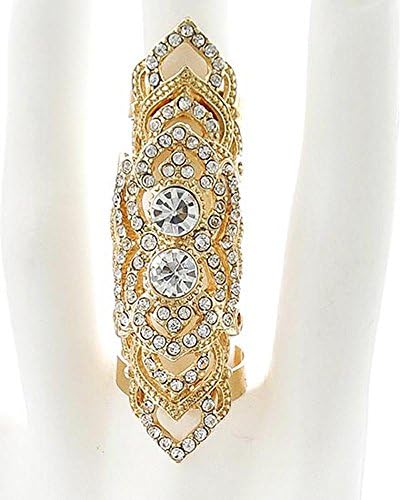 Full Finger Rhinestone Crystal Two Band Armor Knuckle Heart Shield Ring (Goldtone Size 7-8)