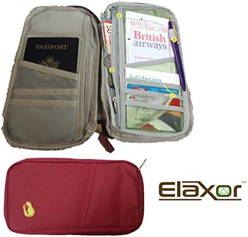 ElaxorTM Compact Waterproof Multi-Functional Zippered Passport, cards, cash and Travel Document Organizer Wallet Case Red (Wine - Burgundy)