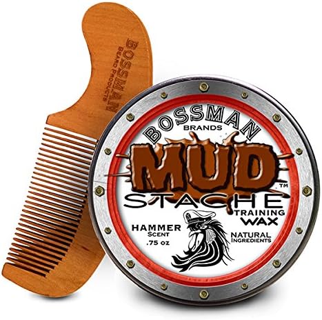 MUDstache Mustache Care Package featuring .75 oz Easy applying Water based mustache wax and pear wood beard/mustache comb Hammer Scent by Bossman Brands