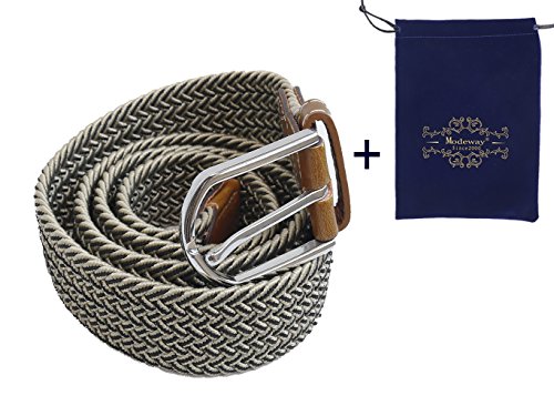 Modeway Men's&Women's Elastic Fabric Woven Stretch Belt Leather Inlay With Silver Buckle