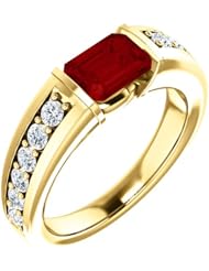 10K Yellow Gold 7.00x5.00mm Emerald Cut Chatham Created Ruby and Diamond Ring -- LIFETIME WARRANTY