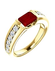 18K Yellow Gold 7.00x5.00mm Emerald Cut Chatham Created Ruby and Diamond Ring -- LIFETIME WARRANTY