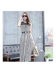 Sleeveless Polyester Lace Belted  Vertical Stripe  Dress With Pearls