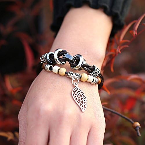 Carat Lovers Braided Multiple Strands Leaf Pendnat Style Adjustable Leather Wrap Bracelet (Brown, Unisex, 2.36"/6cm-3.54"/9cm in Diameter)