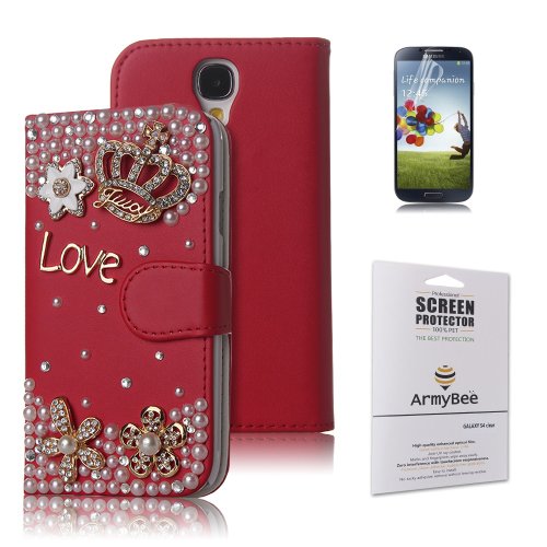 ArmyBee inc(TM) Samsung Galaxy S4 i9500 Bling Red Crystal Love Crown Premium PU Leather Flip Wallet Case Cover Design for Girls With Card Holder / Accessory Slots (Fits: Samsung Galaxy S4 / i9500, Package includes: 1 X ArmyBee(TM) Screen Protector)