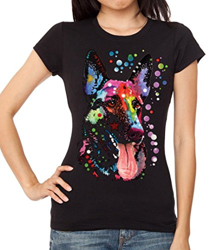 German Shepherd Neon Dog Junior's T-Shirt Black