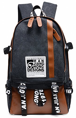 MANJH Male Casual Hiking Daypack Backpack Computer Rucksack Pu Stitching Black