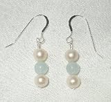 Soft & Feminine Sterling Silver Akoya Cultured Saltwater Pearl Grade A 6 - 6.5mm & Genuine Aquamarine Earrings