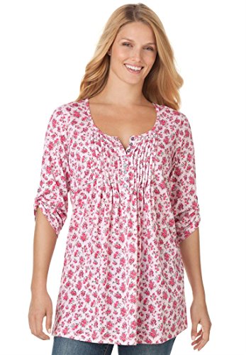 Woman Within Women's Plus Size Graduated Pleats Floral Print Henley Neck Tunic