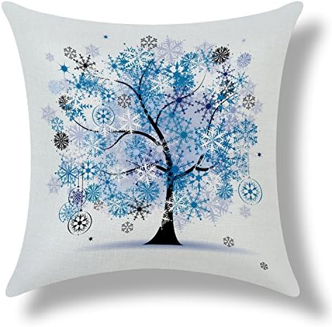Blue Snowflakes Tree Zippered Cotton Linen Pillow Case Throw Cushion Covers, 18 "X18 "