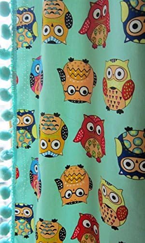 Pom pom Cotton Curtain in aqua teal color with Owl print in multi color children's curtain nursery drapes with animal print pompom curtain panels