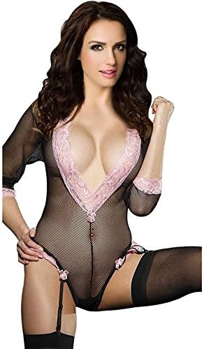 DAYAN Romantic Lace Sheer Teddy Romper Lingerie with Garters Black