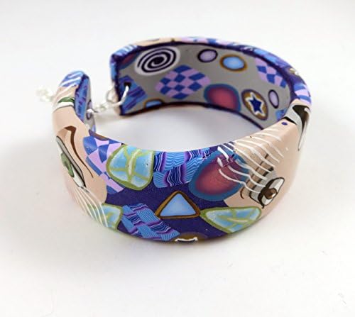 Multicolored Artisan-Made Polymer Clay Cuff Bracelet Lobster Clasp Adjustable Flexible Fits 6.5 - 7.5" Wrist Purple