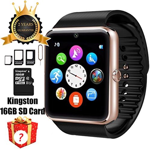 Smart Watch GT08 Bluetooth with 16GB SD Card and SIM Card Slot for Android Samsung S5 S6 Note 4 5 HTC Sony LG and iPhone 5 5S 6 6 Plus Smartphones (Gold)