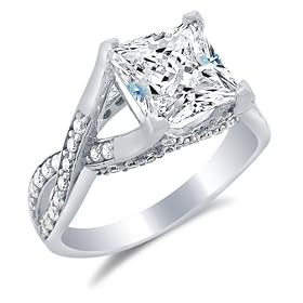 Size 4 - Solid 14k White Gold Princess Cut Solitaire with Round Side Stones Highest Quality CZ Cubic Zirconia Engagement Ring 2.5ct.