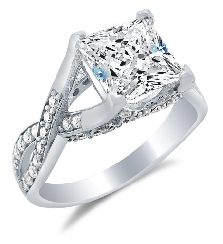Solid 14k White OR Yellow Gold Princess Cut Solitaire with Round Side Stones Highest Quality CZ Cubic Zirconia Engagement Ring 2.5ct.