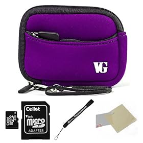 PURPLE WITH BLACK TRIM Neoprene Protective Durable Mini Glove Pouch For Sony Bloggie Duo / 3D / Touch Point And Shoot Digital Camera + Includes a 4GB Micro SD Card with SD Adaptor + Includes a Universal Anti-Glare Screen Protector Guard + Includes an eBigValue TM Determination Hand Strap
