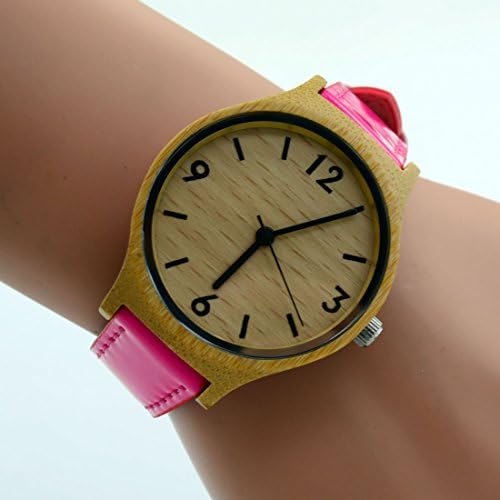 Affute Wood Dial Wooden Watch Pink Leather Strap Band Wrist Watches for Girl Women
