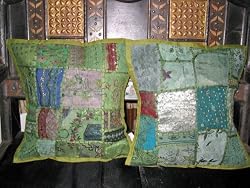Chair Cushion Covers-2 Asparagus Vintage Sari Embroidered Toss Pillow Cushion Covers