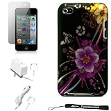 Retro Splashing Flowers Design on Black Cover / 2 Piece Snap On Crystal Case for New Apple iPod Touch 4 ( 4th Generation 8GB 16GB 32GB ) + Includes Anti Glare Screen Protector Guard + Includes a Rapid Travel Car Charger and Home Wall Charger for your iPod Touch