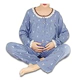 Spinas(スピナス) 綿100％だから肌に優しい！ マタニティ パジャマ 授乳口付き 前開き セットアップ 猫 （ブルー） (XL)
