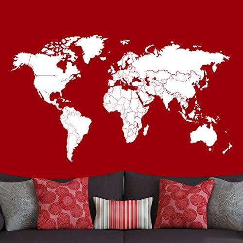 World Map Decal w/ Countries Borders (Z010 White, 36"W x 20"H / 92cm x 51cm)