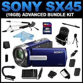 Sony DCR-SX45 Handycam Camcorder (Blue) (16GB Advanced Bundle Kit) includes Charger, Battery, 16GB SD Memory, Carrying Case, Full Size Tripod, Monopod, Mini Tripod, Video Light Kit, Grip Handle, Card Reader, Card Wallet, Cleaning Kit - (DCRSX45/L)