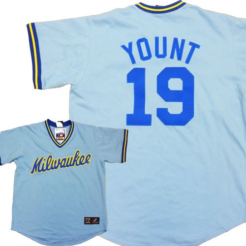 Brewers Robin Yount Cooperstown Replica Baseball Jersey by Majestic with YOUNT & #19 Laser Cut and Custom SEWN ON with AUTHENTIC TWILL