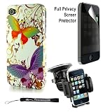 Premium Hard Design Crystal Case Snap On Cover for Apple iPhone 4 , 4th Generation, 4th Gen compatible with 16GB / 32GB - White Rainbow Butterfly HD Print + 4-inch eBigValue (TM) Determination Hand Strap Key Chain + Includes a Privacy Screen Protector for Apple iPhone 4, Provides 4-way privacy film (up, down, left, right)+ Includes a iPhone 4, 360° Rotatable Windshield Mount, Compatible with up to 6" GPS and Phone Devices