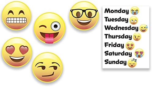 Emoji Gift Set includes Emoji Magnets, Set of 5 Different Emojis Faces, and 1 Day of the Week Magnet, Super Cute Magnets for Home, Office, Fridge, Lockers, or Party Favors, Made in USA