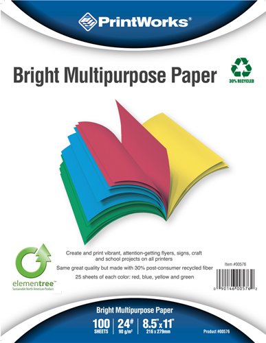 Printworks Bright Multipurpose Paper, 8.5 x 11 Inch, 24-Pound, Assorted Colors, 100 Sheets (00576)
