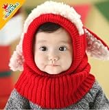 【CandyBox】うさぎちゃん風 ニット帽 ネックウォーマー 一体型 ➕ ループタオル 1枚セット ベビー キッズ (レッド)