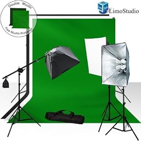 LimoStudio 3pcs 6x9 Chromakey Green Black White Screen Muslin Backdrops Background Support Kit 2400 Watt Photography Video Lighting Studio Photo Portrait Lights with Case, AGG893