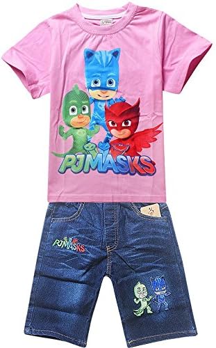 ESPW Baby Kids PJ Masks Cotton Short Sleeve T-shirt+Jeans Denim Shorts (120, Red)