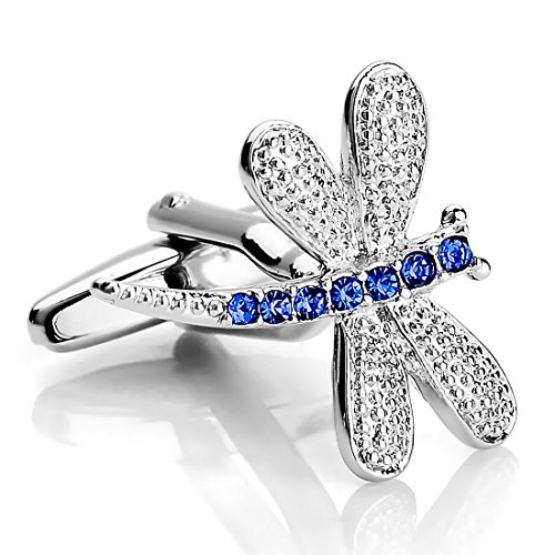 Men's 2 PCS Rhodium Plated Cufflinks CZ Silver Tone Blue Dragonfly Shirt Wedding Business 1 Pair Set