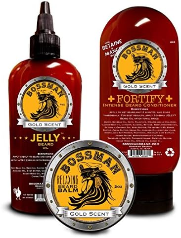 Essential Care Package Gold Scent - Jelly Beard Oil, Relaxing Beard Balm and Fortify Intense Beard Conditioner included by Bossman Brands