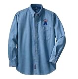 Personalized custom embroidered #1 Dad Ribbon design on denim shirt