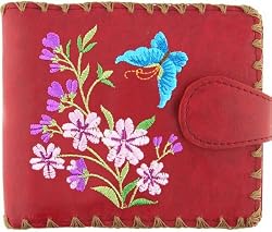 Butterfly and Flowers Embroidery Wallet Red Md