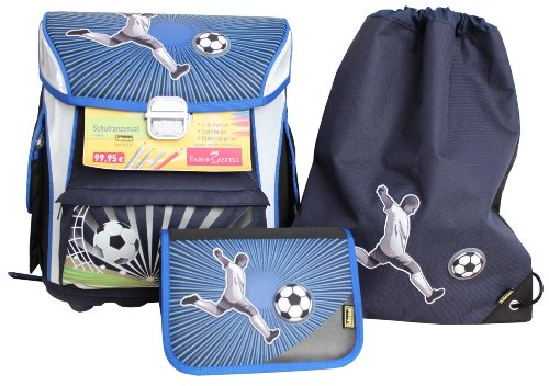 Idena 250184 - Schulranzenset Fussball 3- teilig, Federmappe mit Faber Castell F&uuml;llung, Sportbeutel